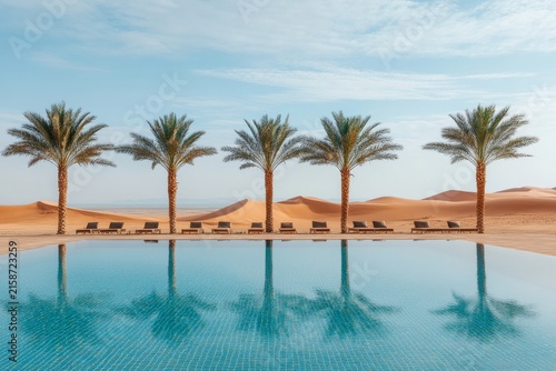 Selective focus palm trees reflecting in clear water of desert oasis