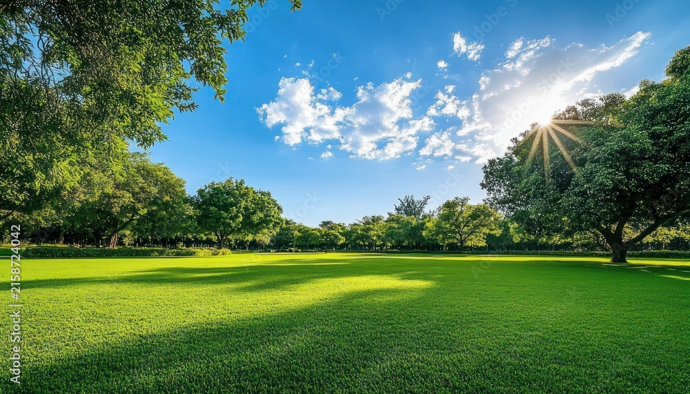 Fototapeta premium Sunlit park with expansive green lawn, scattered large trees, blue sky with clouds and a sunburst evoking peaceful, refreshing summer calm