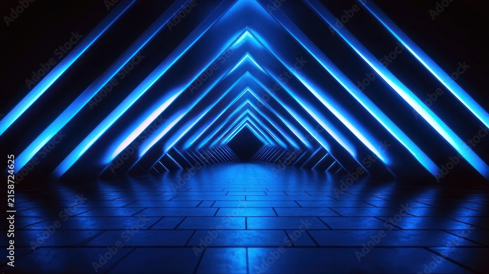 Fototapeta premium futuristic triangular neon tunnel with glowing blue V-shaped arches and reflective tiled floor, dark ambient lighting evoking mystery and awe