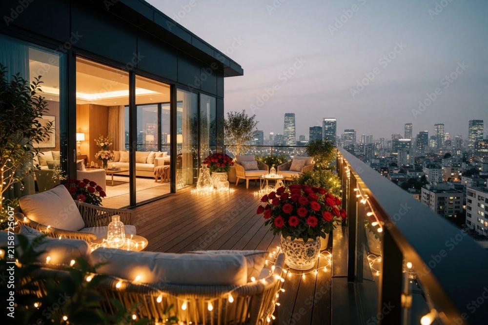 Fototapeta premium Modern rooftop terrace at dusk with city view. Wicker furniture, red roses and warm string lights create cozy ambiance. Luxury urban living.