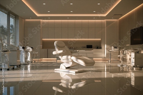 Luxury plastic surgery clinic treatment room and modern cosmetic dermatology suite interior with advanced equipment and serene interior design