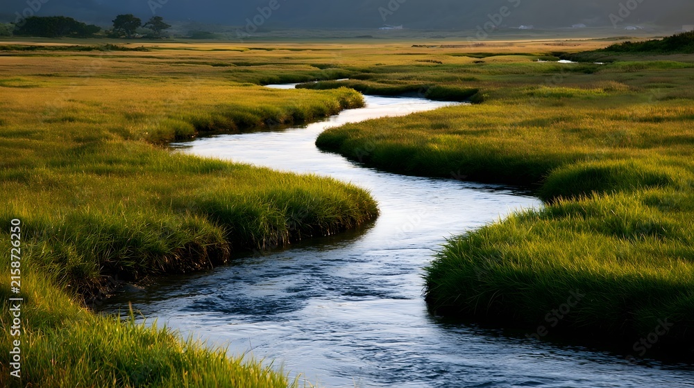 Naklejka premium A serene winding stream flows gently through golden grasslands under soft morning light creating a peaceful natural landscape