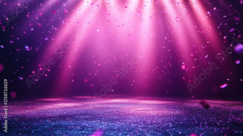 pink and purple spotlighted glittering stage with falling confetti creating a festive and magical celebration atmosphere