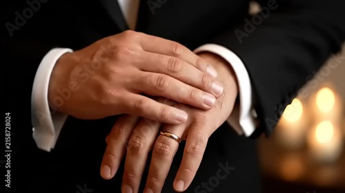 Groom wearing a gold wedding ring on his finger dressed in an elegant black tuxedo suit at a ceremony