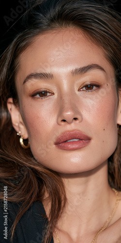 Portrait of a Beautiful Woman with Wavy Hair and Gold Earrings