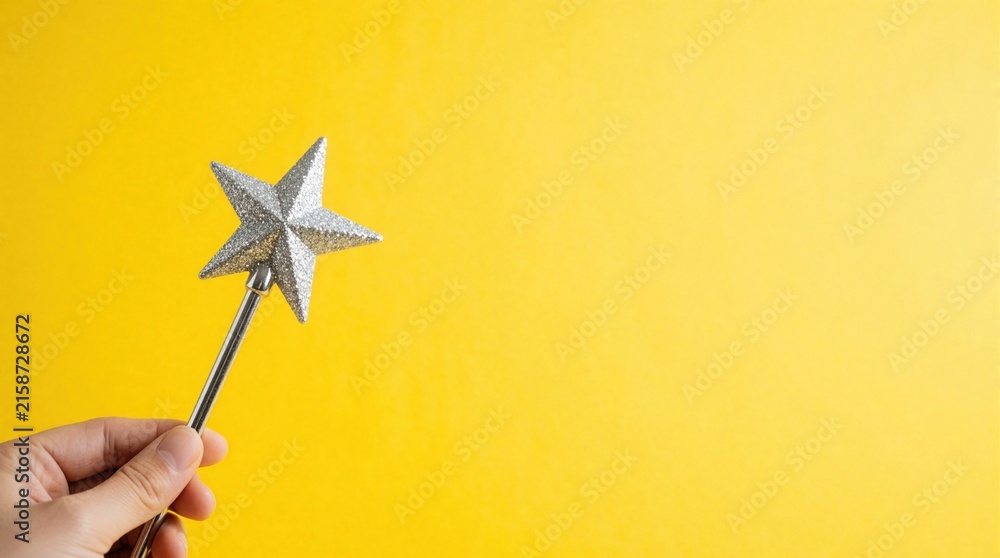 Fototapeta premium Human hand holds silver star wand against bright yellow background. Shiny metallic magic stick sparkles with glitter. Concept of fantasy, creativity, magic for kids celebration, dream, imagination.