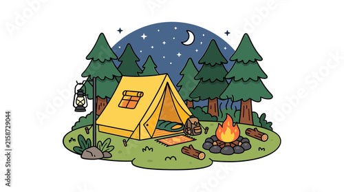 Cozy Camping Scene with Yellow Tent, Campfire, and Starry Night Sky