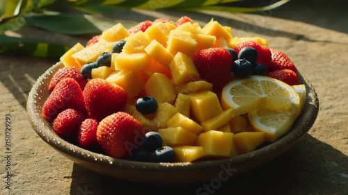 Colorful Fresh Fruit Salad Bowl with Diced Mango, Strawberries, Blueberries & Lemon Slices. Healthy Summer Dessert.