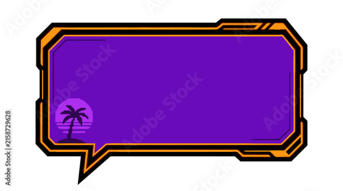 Retro palm tree sunset frame with orange technological border for speech chat bubble ui