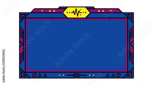 Blue digital display frame featuring audio waveform icon and various geometric symbols