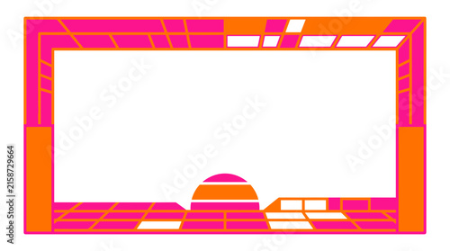 Vibrant retro style game interface border with orange pink sunset and geometric elements