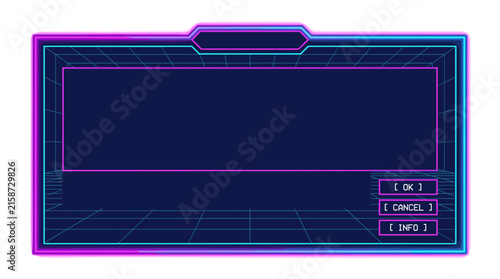 Retro synthwave style interface window with blue grid background and navigation buttons