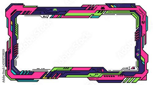 Futuristic digital frame border featuring techno circuit patterns and vibrant neon accents