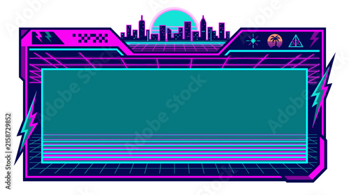 Retro futuristic neon synthwave style gamer stream overlay border template digital frame