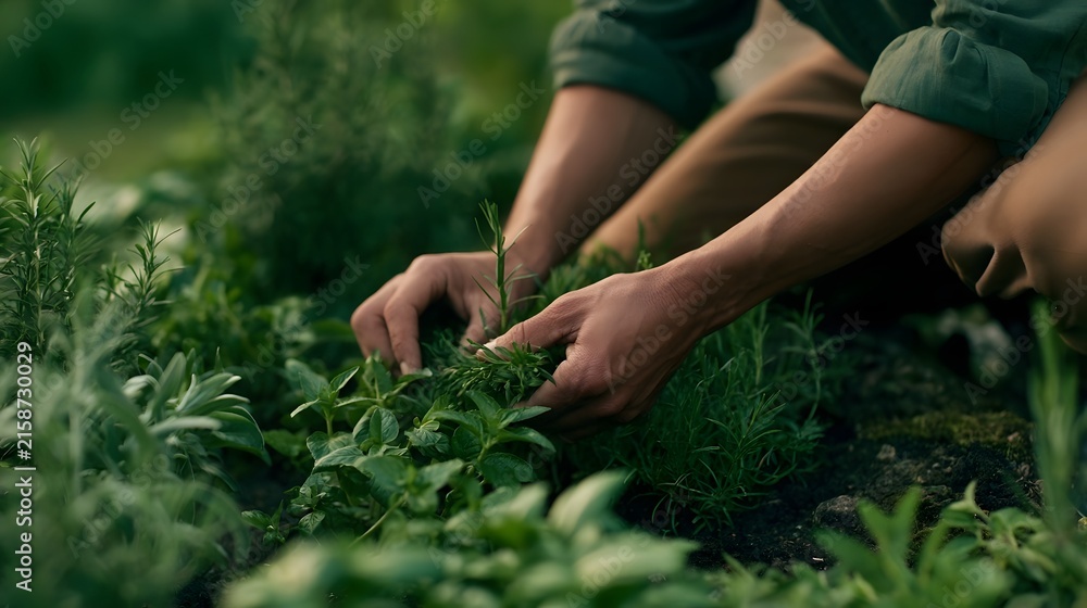 Fototapeta premium A person carefully harvesting fresh green herbs from a lush garden bed using both hands for precise picking