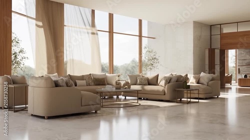 Luxurious modern living room interior design with spacious beige sectional sofas, minimalist furniture, and bright natural light.
