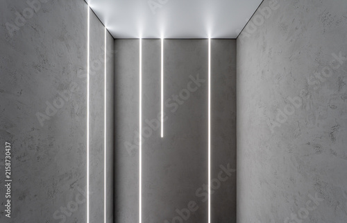 Obraz na plátně Textured plaster corner interior with linear light beams descending from ceiling