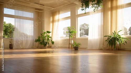 Empty sunlit studio room with warm hardwood floors, large windows, sheer curtains, and vibrant green houseplants, perfect for wellness.