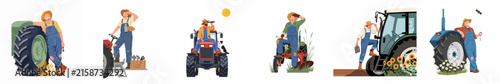 Collection of flat vector illustrations depicting a female farmer working with various agricultural tractors and equipment on a white background.