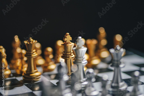 Fotografie Chess scene representing strategic thinking, strategic planning, tactical decisions, leadership, competition, business strategy, risk management, problem solving, and long-term decision making