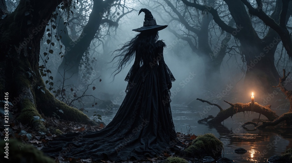 Fototapeta premium Mysterious black witch in long dress, pointy hat stands in dark spooky forest. Dark magic lady wanders through misty woods near river at night. Fantasy sorceress explores enchanted woodland with