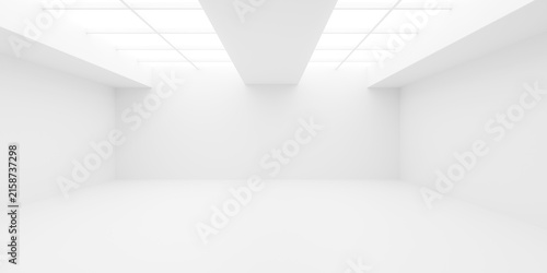 Empty modern white room or art gallery indoor background with two rows of ceiling window grids, soft sunlight, modern interior template