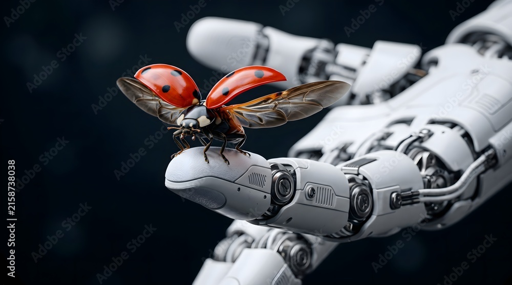© Rohan - A ladybug with spread wings perches on the fingertip of a white robotic hand. © Rohan - A ladybug with spread wings perches on the fingertip of a white robotic hand.