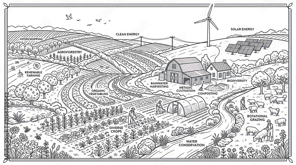 Obraz premium Dynamic Sustainable Farming Showcasing Eco Friendly Techniques and Renewable Energy Sources in Black and White