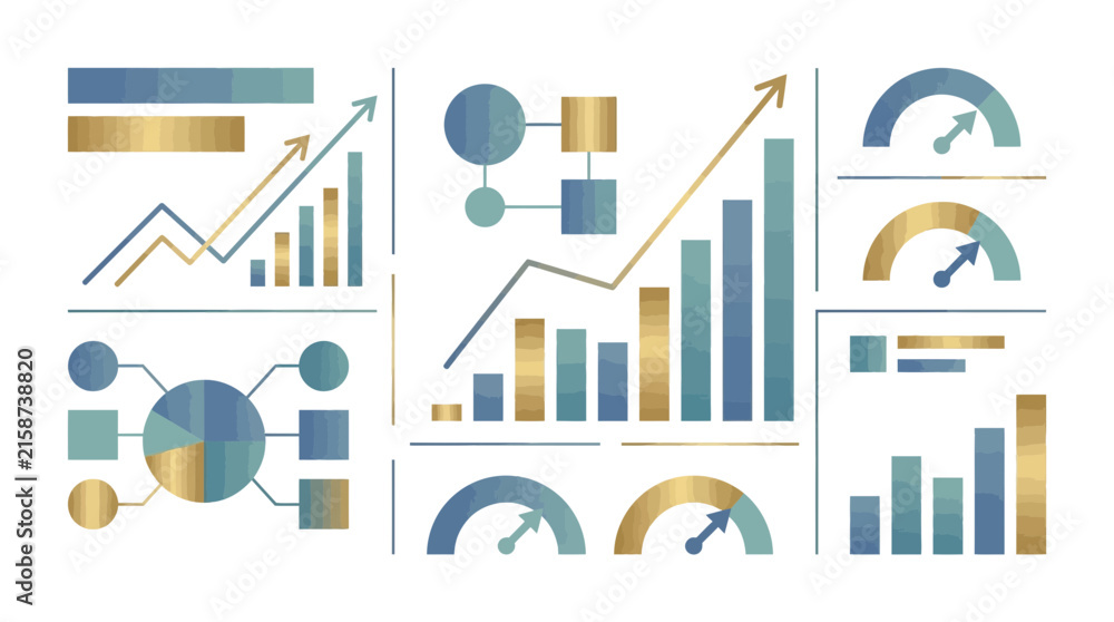 Naklejka premium Set of Business Data Analytics Charts and Performance Gauge Icons