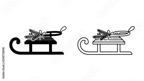 Bild auf Leinwand Sled Decorated with Pine: A classic sled silhouette, presented in both black and white outline, adorned with a sprig of pine and tied with a rustic ribbon