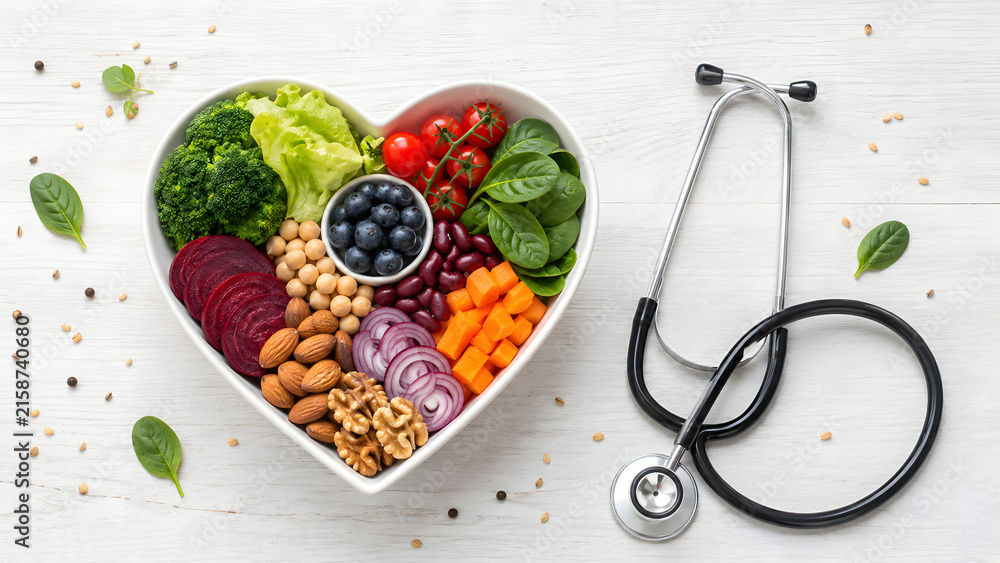 Fototapeta Heart shaped bowl with healthy vegetables and stethoscope for medical nutrition concept