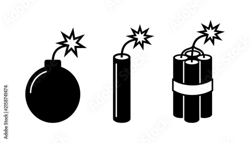 Bild auf Leinwand Explosive bomb and dynamite stick with burning spark fuse icons collection isola