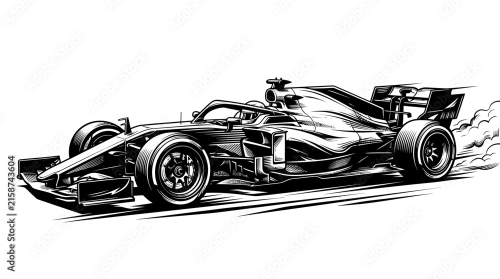 Fototapeta premium Formula racing car vector illustration, high speed grand prix vehicle in black and white.