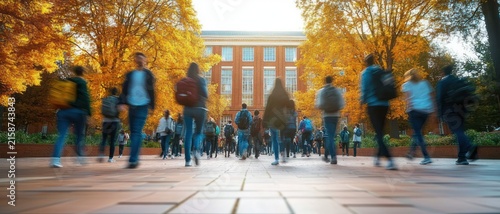 students walking across a tree-lined college campus plaza with orange autumn leaves and motion blur, bustling lively daytime scene in front of a brick academic building