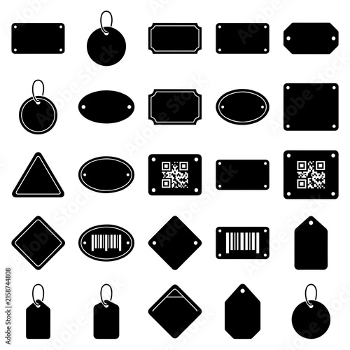 Collection of thirty black displaying various shapes of identification tags, plates, and labels, including qr codes and barcodes on white