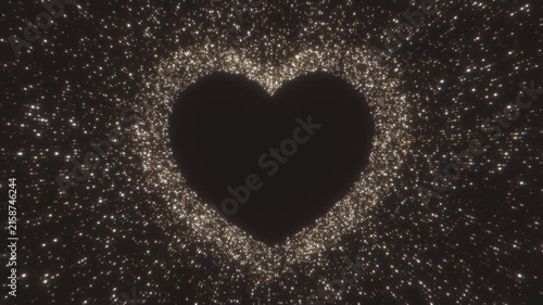 Luxury golden particles shimmer in a heart motion graphics background. Seamless loop animation of sparkling glitter and bokeh heart-shaped tunnel