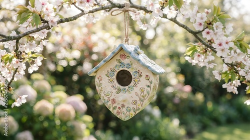 Elegant seasheLovely ceramic birdhouse with tiny flowers, pastel colors, charming spring aesthetic, clean background