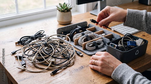 Old charging cables being sorted and prepared for responsible recycling