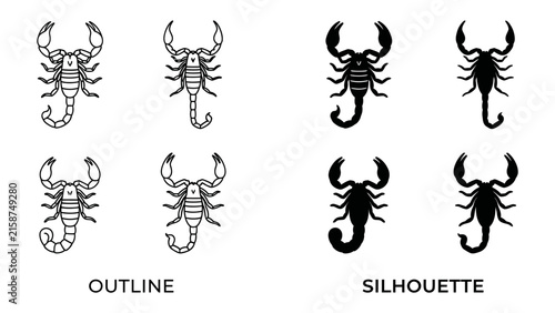 фотографія Scorpion Iconography: A set of graphic illustrations showcasing scorpion symbols in both outline and silhouette forms, representing power and the arachnid creature
