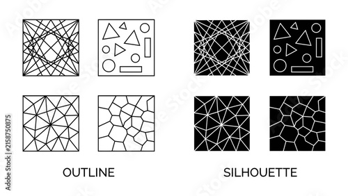Obraz na plátne Geometric Pattern Study: A comparative study showcasing outline and silhouette versions of geometric patterns, including intricate line art and solid shapes, for graphic design inspiration