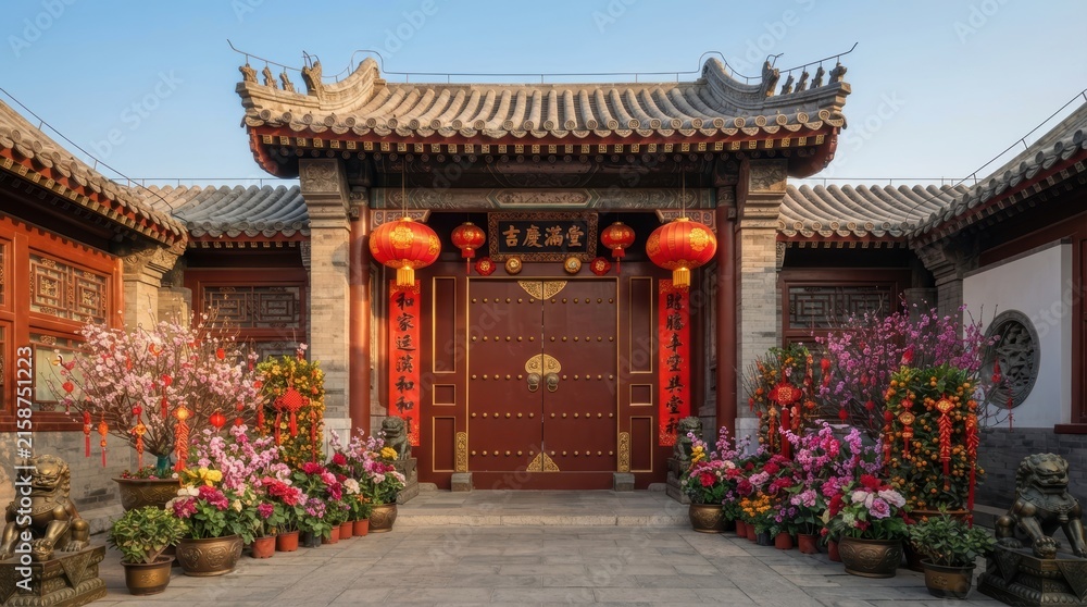 Fototapeta premium Traditional Chinese courtyard entrance decorated for Lunar New Year celebration