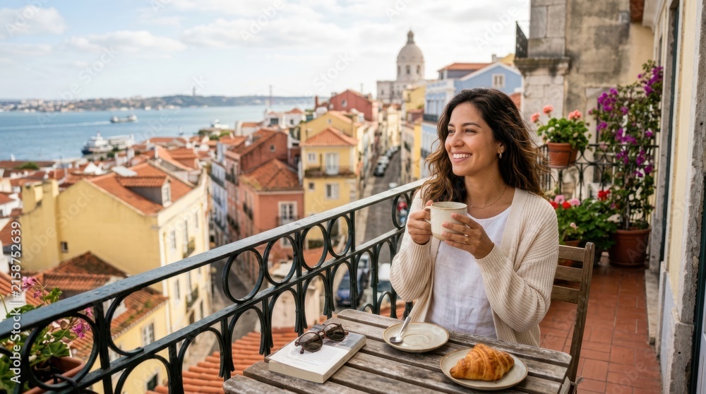 Fototapeta premium Woman enjoying coffee and croissant on a balcony overlooking Lisbon rooftops