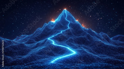 glowing blue wireframe mountain with a luminous winding path to the summit under a starry sky dotted with orange glowing nodes, futuristic and awe-inspiring