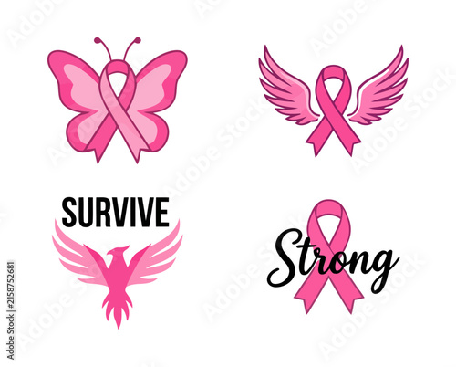 Set of pink ribbon illustrations for brest cencer awarness month featuring butterflies wings phoenix and strong typography for supporting patients and cancer survivors