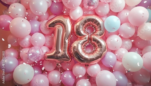 Celebration of a special eighteenth birthday with rose gold number balloons and a cascade of pastel party spheres