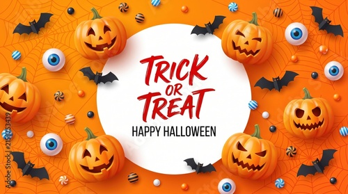Halloween background with pumpkins, skeleton hands, spiders, bats and cockroaches on purple