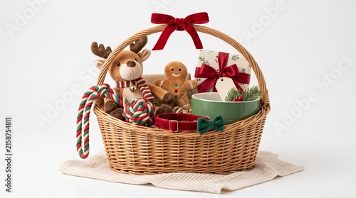 Holiday pet gift basket with festive toys and treats for Christmas celebration
