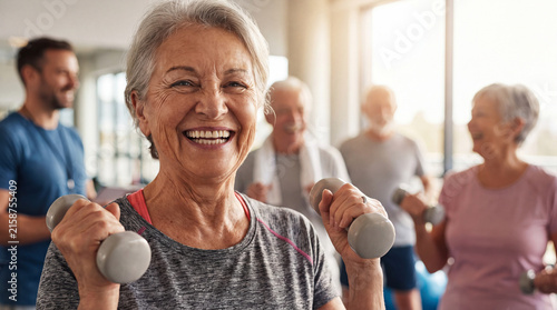 Grandparents Day features happy senior woman lifting light dumbbells in gym for elderly fitness banner