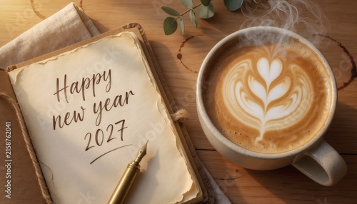 Happy New Year 2027 greeting with a steaming cup of latte art coffee on a wooden table.
