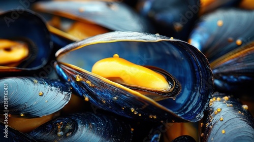 close-up of glossy blue mussel shells opened to reveal plump bright orange meat, glistening and appetizing